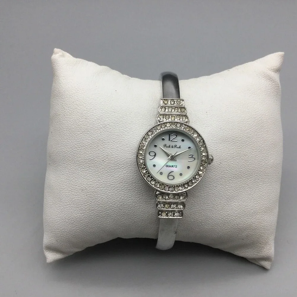 Peck & Peck Womens Watch 23mm White Dial Silver Tone Crystal Bangle New Battery
